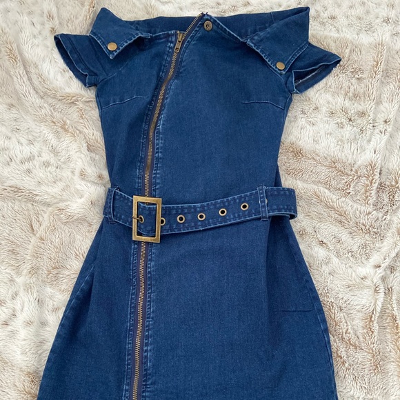 Fashion Nova Denim Zip Up Off the Shoulder Dress - Picture 2 of 5